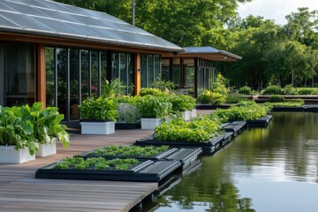 Fototapeta premium Sustainable floating gardens filled with vibrant vegetation resting on a tranquil waterfront deck, demonstrating environmental harmony and modern landscape architecture.