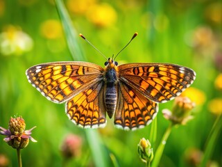 Obraz premium Capture the fleeting beauty of the Marsh Fritillary, Euphydryas aurinia, in flight.