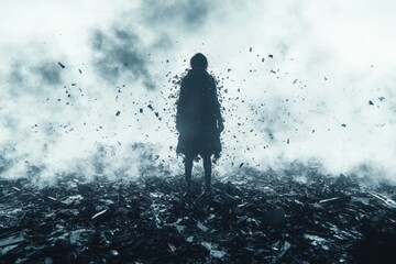 Fototapeta premium Dark Forest Mist. Mysterious silhouette of person standing in foggy forest with flying birds and dark leaves on ground, perfect for horror, fantasy, or dramatic storytelling backgrounds, eerie, moody