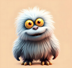 Fototapeta premium Cheerful fluffy monster on a clean bright orange background. Joyful and furry little monster. Charming yeti. Halloween character.