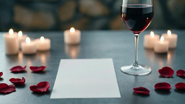 Romantic dinner setting with candlelight, red wine, and rose petals, ideal for Valentine's Day