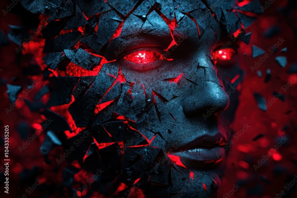 Poster a fragmented face made of dark, angular shapes, with red highlights, symbolizing the fragmented and 