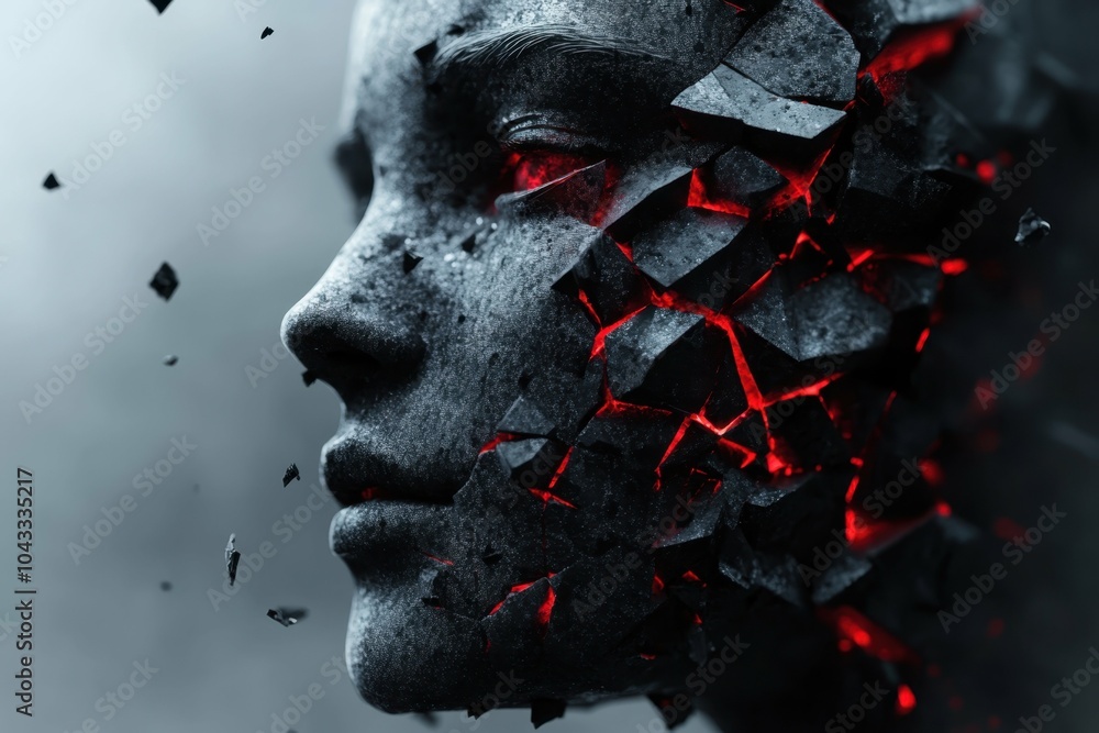 Poster a fragmented face made of dark, angular shapes, with red highlights, symbolizing the fragmented and 