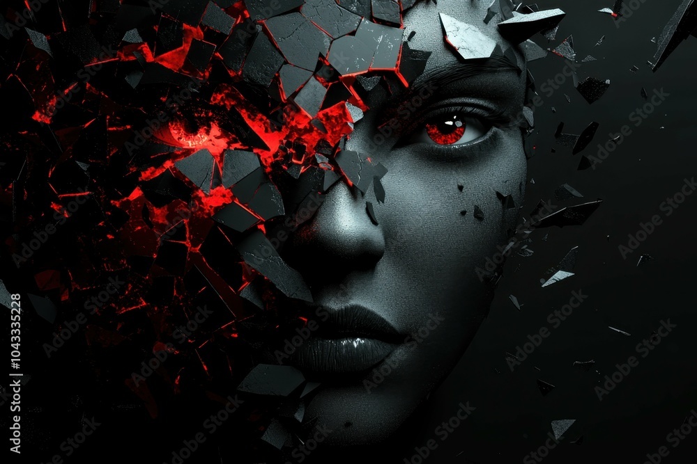 Poster a fragmented face made of dark, angular shapes, with red highlights, symbolizing the fragmented and 