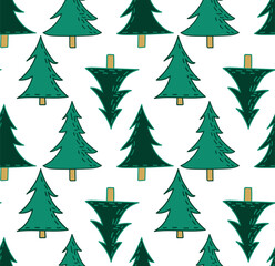 Seamless winter pattern with green hand-drawn Christmas trees. Ideal for Christmas packaging, holiday decorations and seasonal designs.