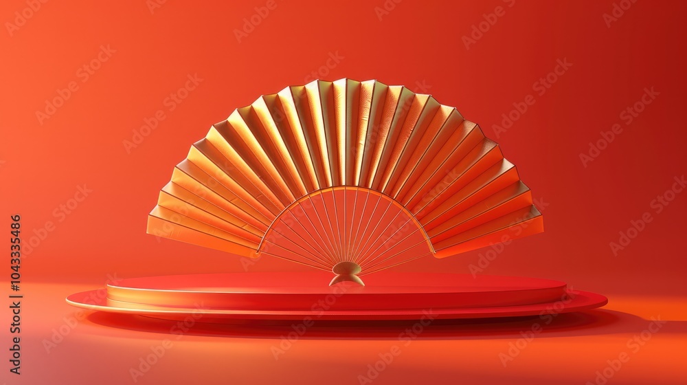 Poster 3D rendering of fan-shaped display stand in a red and gold color scheme, with a minimalist, symmetrical composition. The stand has a red platform with three fans in the middle, a simple structure.