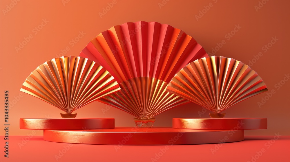 Aufkleber 3D rendering of fan-shaped display stand in a red and gold color scheme, with a minimalist, symmetrical composition. The stand has a red platform with three fans in the middle, a simple structure.