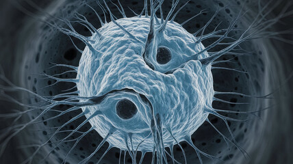 Microscopic view of human cell showcasing intricate structures and prominent nucleus, highlighting complexity of cellular life. image evokes curiosity about biological processes