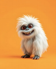 Obraz premium Cheerful fluffy monster on a clean bright orange background. Joyful and furry little monster. Charming yeti. Halloween character.