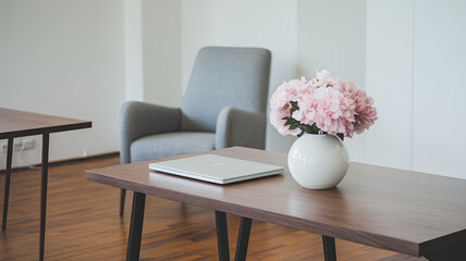 minimal office scene featuring stylish chair, laptop on wooden table, and vase of pink peonies, creating serene and inviting workspace atmosphere