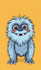 Fototapeta premium Cheerful fluffy monster on a clean bright orange background. Joyful and furry little monster. Charming yeti. Halloween character.