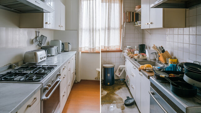 clean and dirty kitchen side by side, showcasing contrast between organized and cluttered spaces. left side features tidy setup with appliances, while right displays chaotic scene with dirty dishes