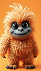 Fototapeta premium Cheerful fluffy monster on a clean bright orange background. Joyful and furry little monster. Charming yeti. Halloween character.