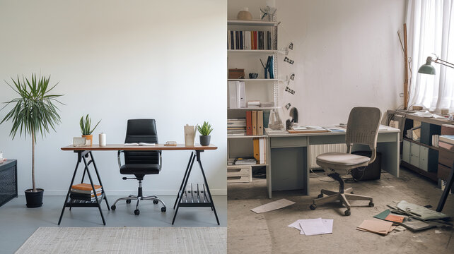 clean office space on left features modern desk with plant and sleek chair, while right side shows cluttered workspace with papers and simple chair, evoking sense of contrast