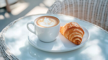 Flat lay of coffee with latte art on a white glass table in an outdoor cafe, close-up view. Cup and croissant plate on a modern wicker chair. Focus on the cup. High-resolution photography, 