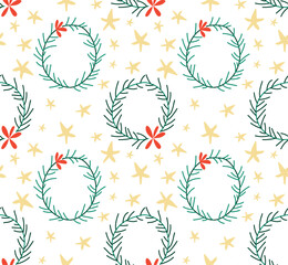 Seamless winter pattern with Christmas wreaths and stars. Ideal for Christmas packaging, holiday decorations and seasonal designs.