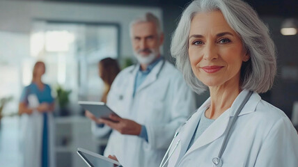 Fototapeta premium Portrait of a smiling middle-aged female doctor with a male and female medical team standing together, holding a tablet. An elderly, grey-haired hospital worker is posing in an office 