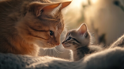 Fototapeta premium A heartwarming scene of a mama cat and her kitten