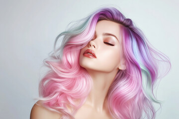 Stylish young woman with pastel-colored hair in shades of pink, purple, and blue, posing gracefully with closed eyes in a vibrant fashion portrait.