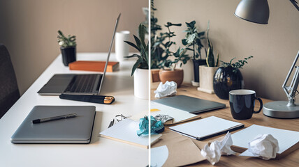 side by side comparison of clean and dirty desk showcases contrast between organized and cluttered workspaces. clean side features minimal items, while dirty side is filled with crumpled papers and
