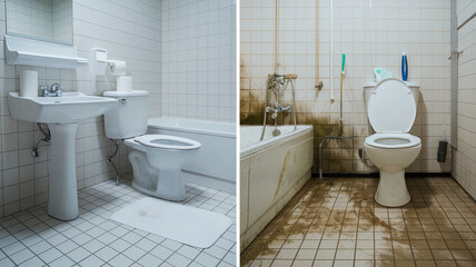 side by side image showcasing clean bathroom contrasted with dirty bathroom, highlighting stark differences in hygiene and maintenance. clean side features white tiles and fixtures, while dirty side