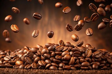 Roasted coffee beans falling against brown background