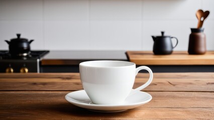 Obraz premium A white mug sits on a wooden countertop in a modern kitchen. In the background, a metallic kettle is partially visible on a sleek black surface.