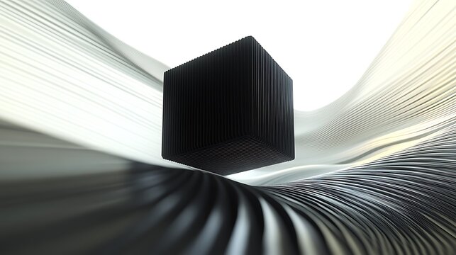 3D textured cube positioned above flowing 2D lines creating an overlap of dimensions