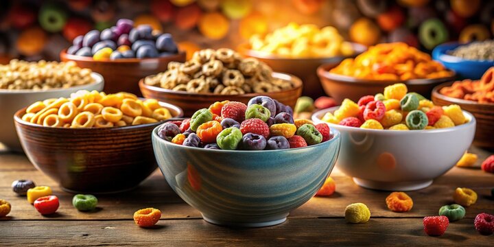 Cereal bowls bathed in warm, low light.