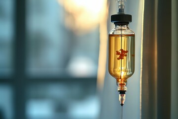 A close-up of a morphine drip with soft light filtering through a hospital curtain, highlighting the medical context of assisted suicide