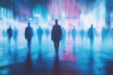 Business people walking in abstract city with motion blur