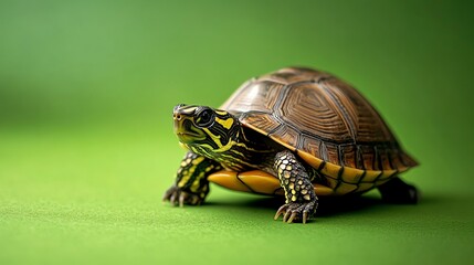 Obraz premium A small turtle walking on a green background.