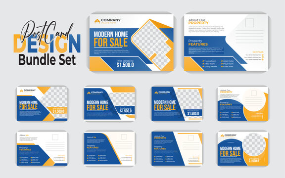 Creative and stylish exclusive premium vector real estate home for sale postcard design template Bundle set 6 set of variation. Creative, luxury, unique and modern postcard design.