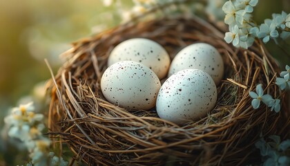 Obraz premium White chicken eggs in a woven nest, surrounded by soft hay and rustic elements, closeup shot, capturing the beauty of natural textures