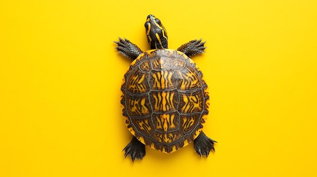 A turtle with a patterned shell on a yellow background.