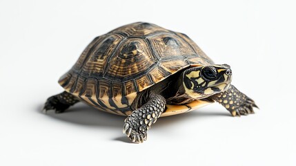 Obraz premium A small turtle walks across a white surface.