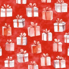 Watercolor-style white gifts wrapped with ribbons on a vibrant red background in a festive, decorative arrangement for celebrations