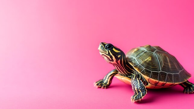 A turtle walks on a pink surface.