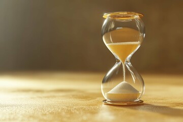 Clock Timer Alert. Classic hourglass timer with flowing sand on wooden surface, symbolizing time management, countdown, deadline, productivity, office work, education, and vintage decor, warm lightin