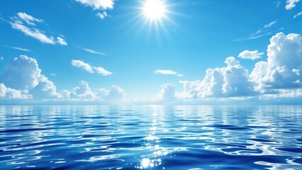 Obraz premium Background. Serene ocean horizon with bright sunlight and cumulus clouds