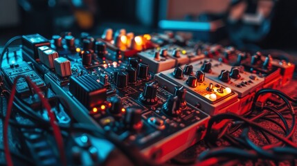 A macro shot of a guitar pedal board with various effects pedals connected by patch cables, set on a textured surface, guitar effects, music production tools, pedalboard setup, audio effects.