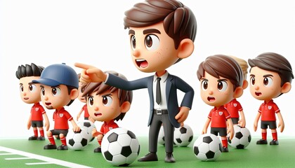 Cartoon Soccer Team Coach Motivating Players.