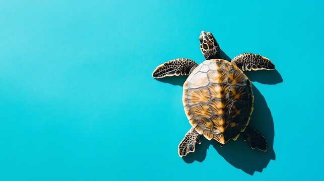 A turtle with a patterned shell on a blue background.