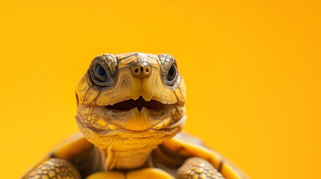 A small turtle with a patterned shell looks directly at the camera.