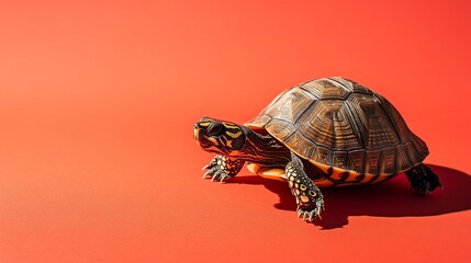 Obraz premium A small turtle crawls on a bright red background.