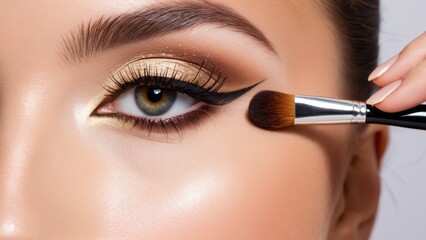 Close-up of a woman's eye with gold eyeshadow and winged eyeliner. She applies makeup with a brush. Perfectly shaped eyebrows enhance the look.