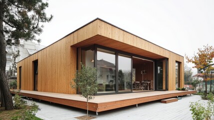 Fototapeta premium Modern Minimalist Wooden House: A sleek and contemporary single-story house with a wooden facade, large windows, and a spacious deck. The house is nestled in a serene natural setting.