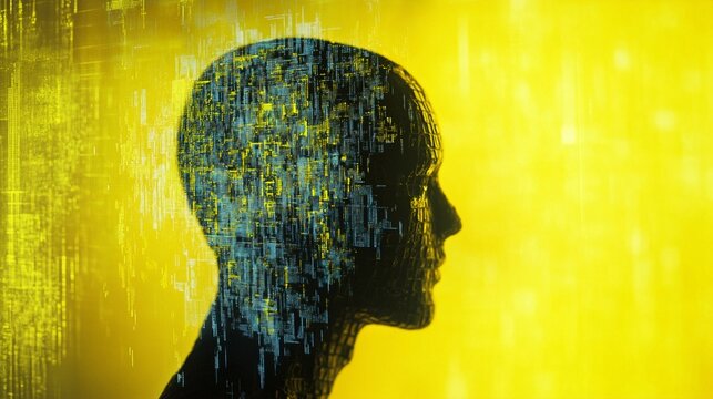 Digital silhouette of a human head composed of data fragments against a vibrant yellow background, symbolizing artificial intelligence and digital consciousness.