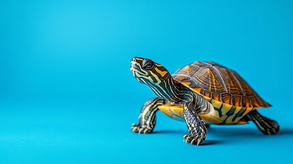 Obraz premium A turtle with a colorful shell walks on a blue background.