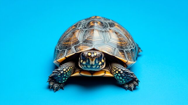 A turtle with a patterned shell on a blue background.